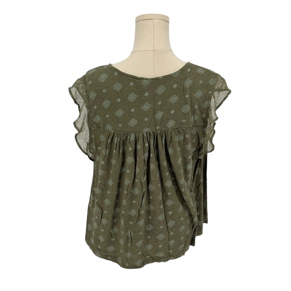 Lucky Brand Womens Olive Green Aztec Print V Neck Flutter Sleeve Top XL - Picture 2 of 5